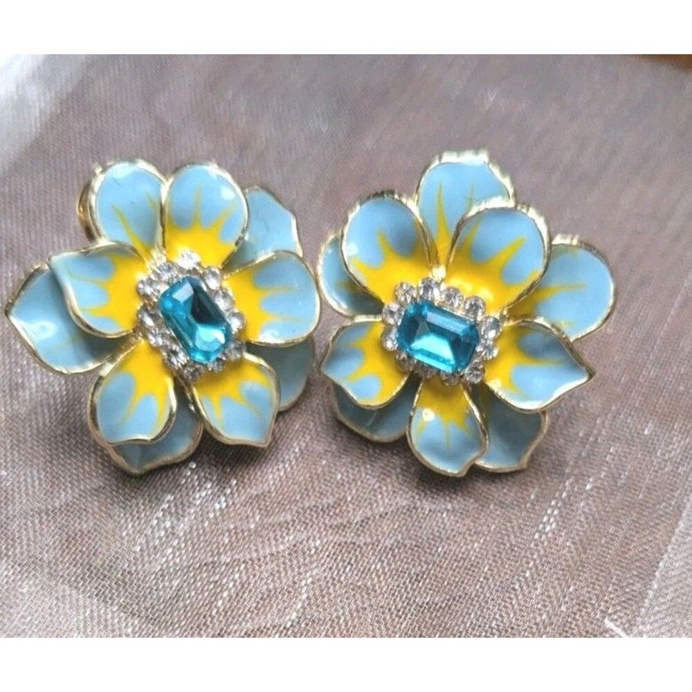 Anthropologie The Pink Reef Earrings Blue Gold Enamel Floral